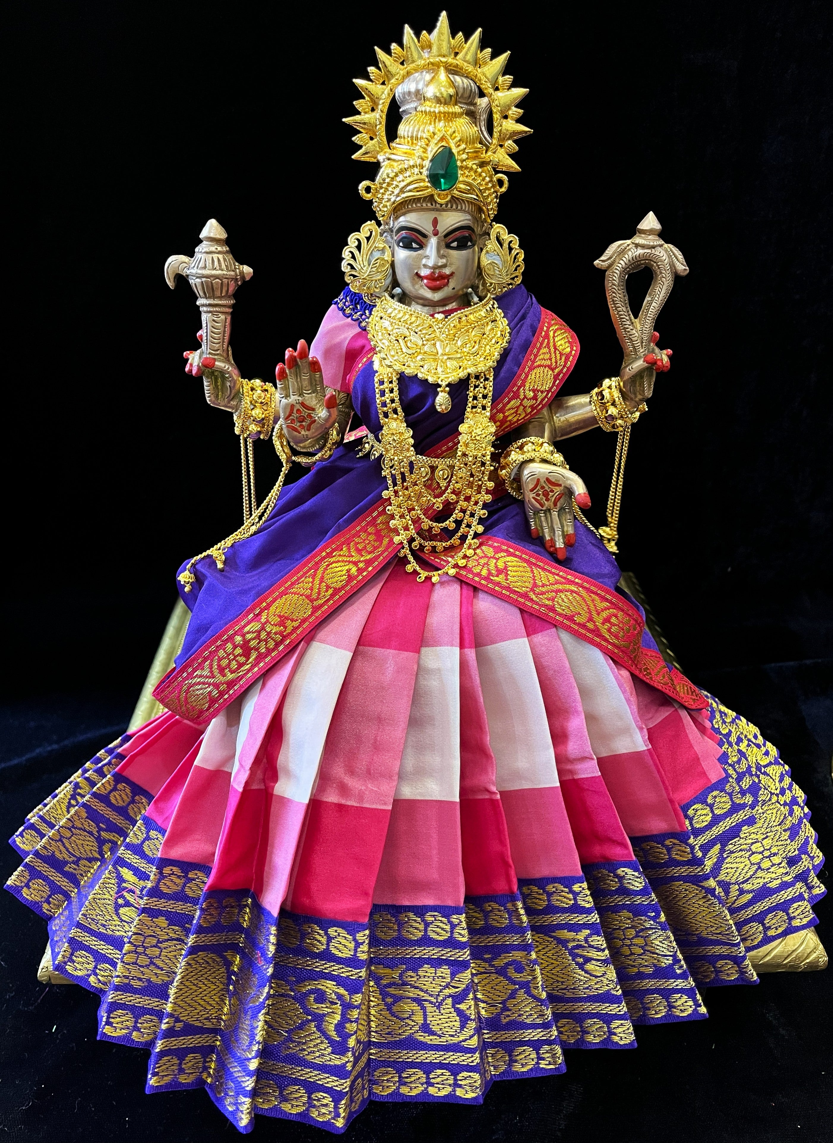Deity half saree / lehenga patka made of Traditional Checks Silk (Not Pure Silk) - Pink and Light Pink Checks saree with Royal Purple border and Royal Purple dupatta 2