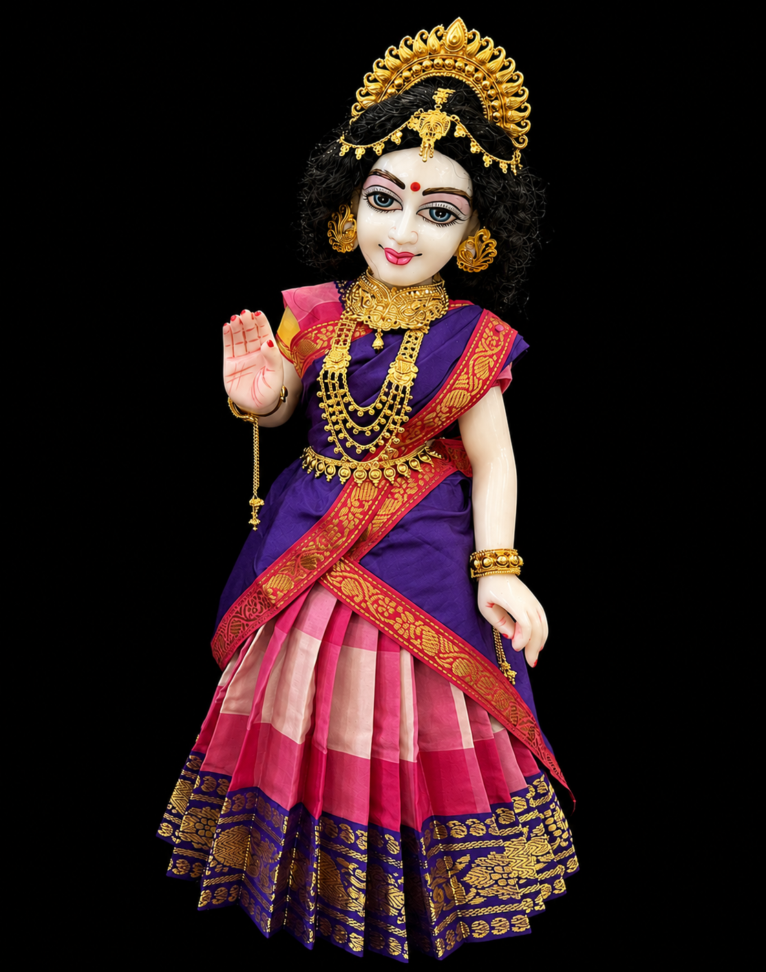 Deity half saree / lehenga patka made of Traditional Checks Silk (Not Pure Silk) - Pink and Light Pink Checks saree with Royal Purple border and Royal Purple dupatta 5