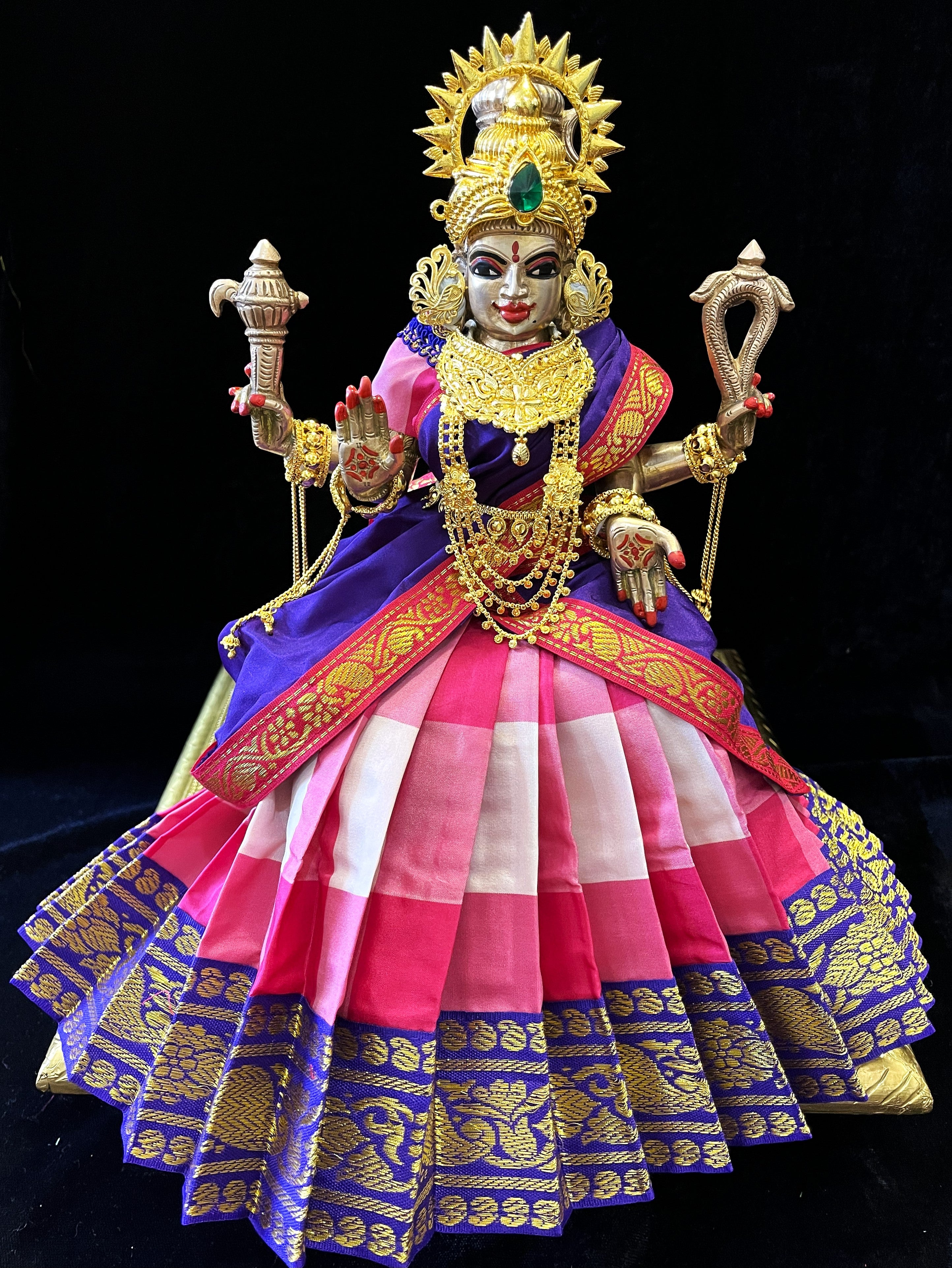 Deity half saree / lehenga patka made of Traditional Checks Silk (Not Pure Silk) - Pink and Light Pink Checks saree with Royal Purple border and Royal Purple dupatta 1