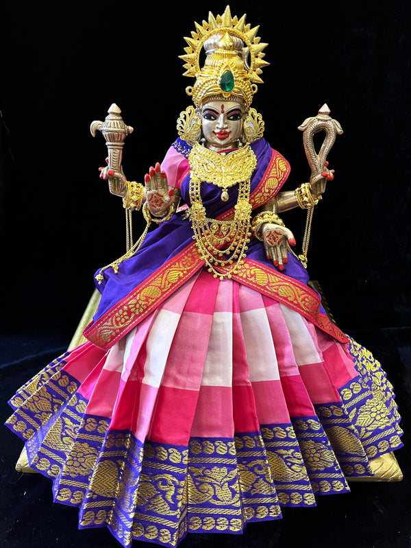Deity half saree / lehenga patka made of Traditional Checks Silk (Not Pure Silk) - Pink and Light Pink Checks saree with Royal Purple border and Royal Purple dupatta