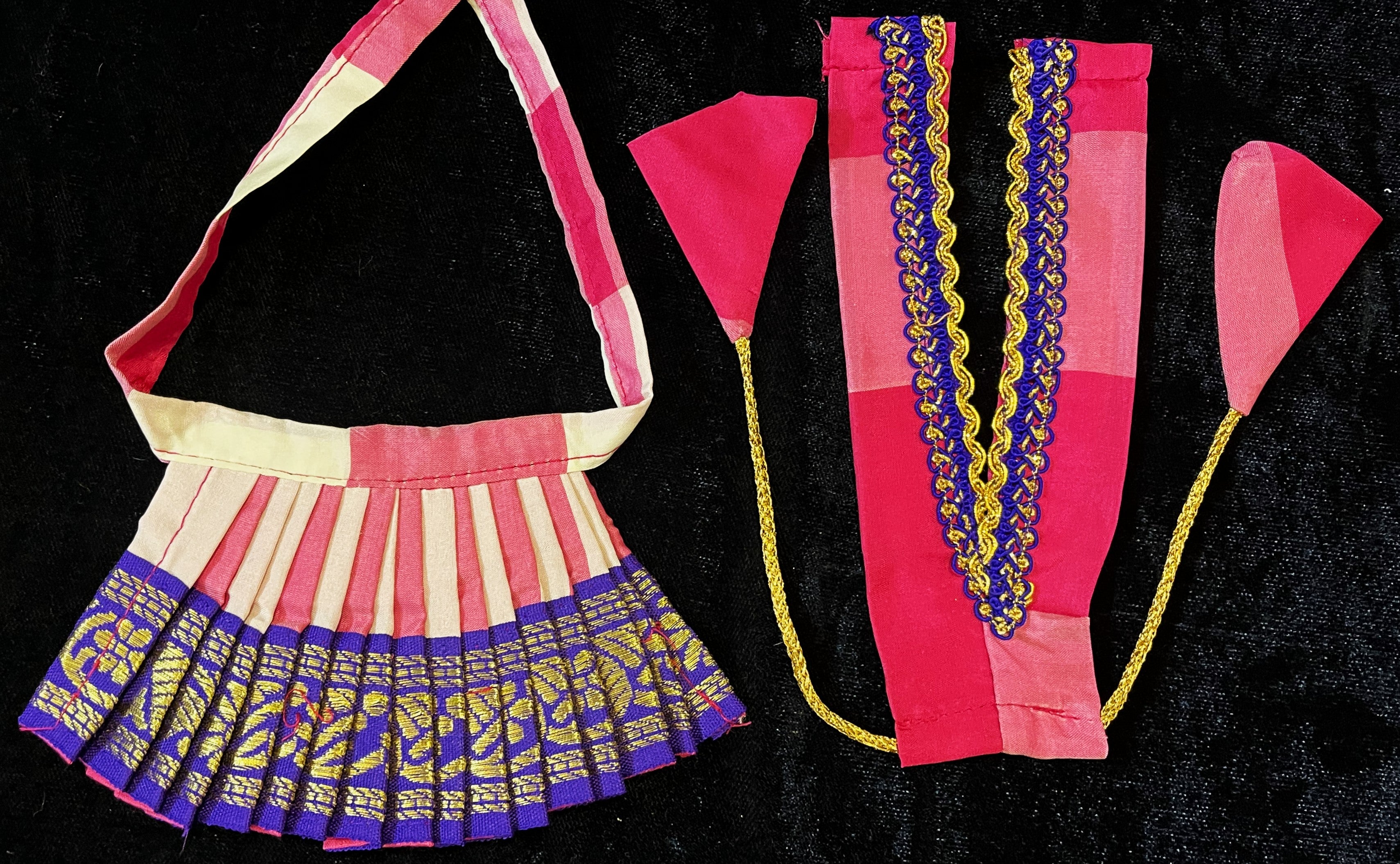 Deity half saree / lehenga patka made of Traditional Checks Silk (Not Pure Silk) - Pink and Light Pink Checks saree with Royal Purple border and Royal Purple dupatta 4