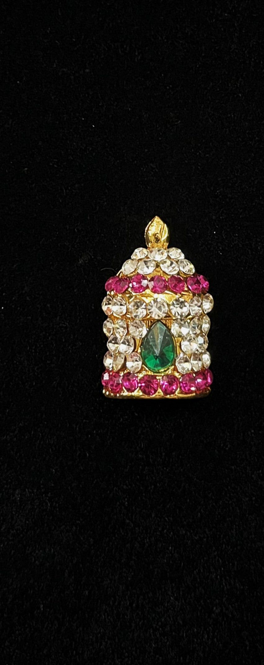 Traditional South Indian Stone-Studded Crown (Kireedam) - Pink, white & green stones on South Indian Stones metal alloy / Red, white & green stones on South Indian Stones metal alloy - Length: 2 cms, Width: 2 cms 2