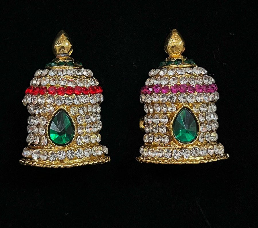 Traditional South Indian Stone-Studded Crown (Kireedam) - Pink, white & green stones on South Indian Stones metal alloy / Red, white & green stones on South Indian Stones metal alloy - Length: 1.75 inches, Width: 1.5 inches