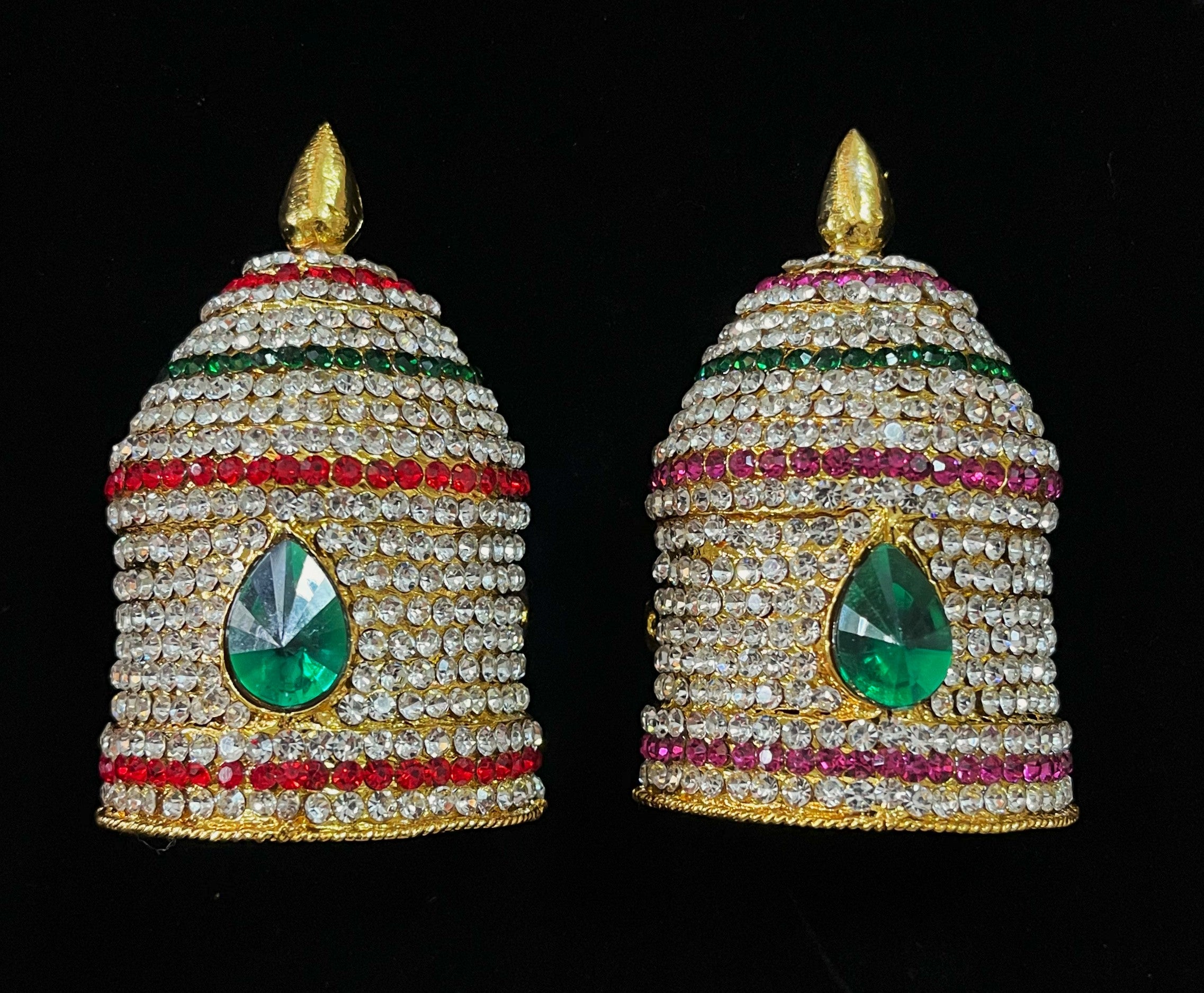 Traditional South Indian Stone-Studded Crown (Kireedam) - Pink, white & green stones on South Indian Stones metal alloy / Red, white & green stones on South Indian Stones metal alloy - Length: 3.5 inches, Width: 3 inches 1