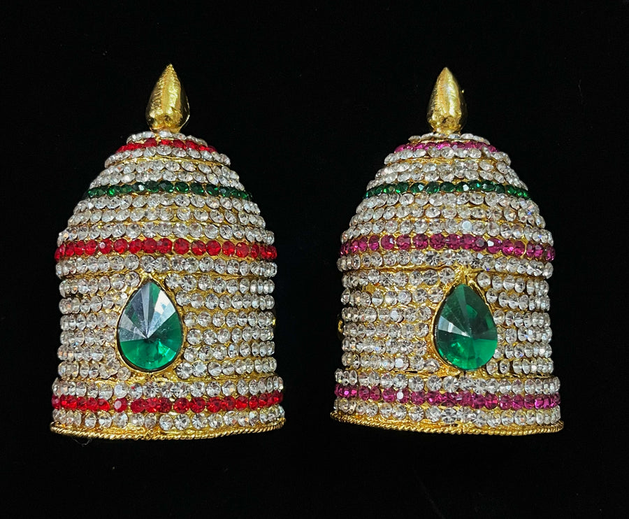 Traditional South Indian Stone-Studded Crown (Kireedam) - Pink, white & green stones on South Indian Stones metal alloy / Red, white & green stones on South Indian Stones metal alloy - Length: 3.5 inches, Width: 3 inches