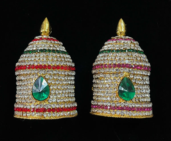 Traditional South Indian Stone-Studded Crown (Kireedam) - Pink, white & green stones on South Indian Stones metal alloy / Red, white & green stones on South Indian Stones metal alloy - Length: 3.5 inches, Width: 3 inches