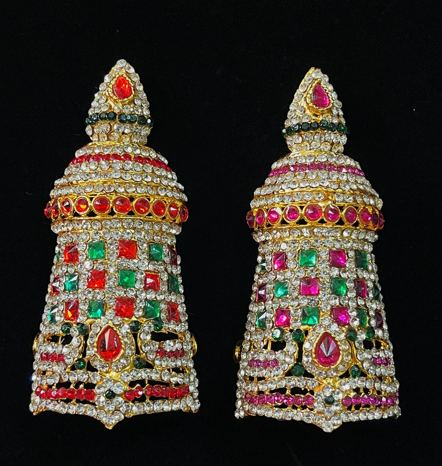 Traditional South Indian Stone-Studded Crown (Kireedam) - Pink, white & green stones on South Indian Stones metal alloy / Red, white & green stones on South Indian Stones metal alloy - Length: 3.5 inches, Width: 2 inches