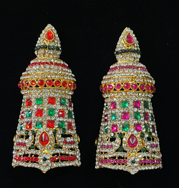 Traditional South Indian Stone-Studded Crown (Kireedam) - Pink, white & green stones on South Indian Stones metal alloy / Red, white & green stones on South Indian Stones metal alloy - Length: 3.5 inches, Width: 2 inches