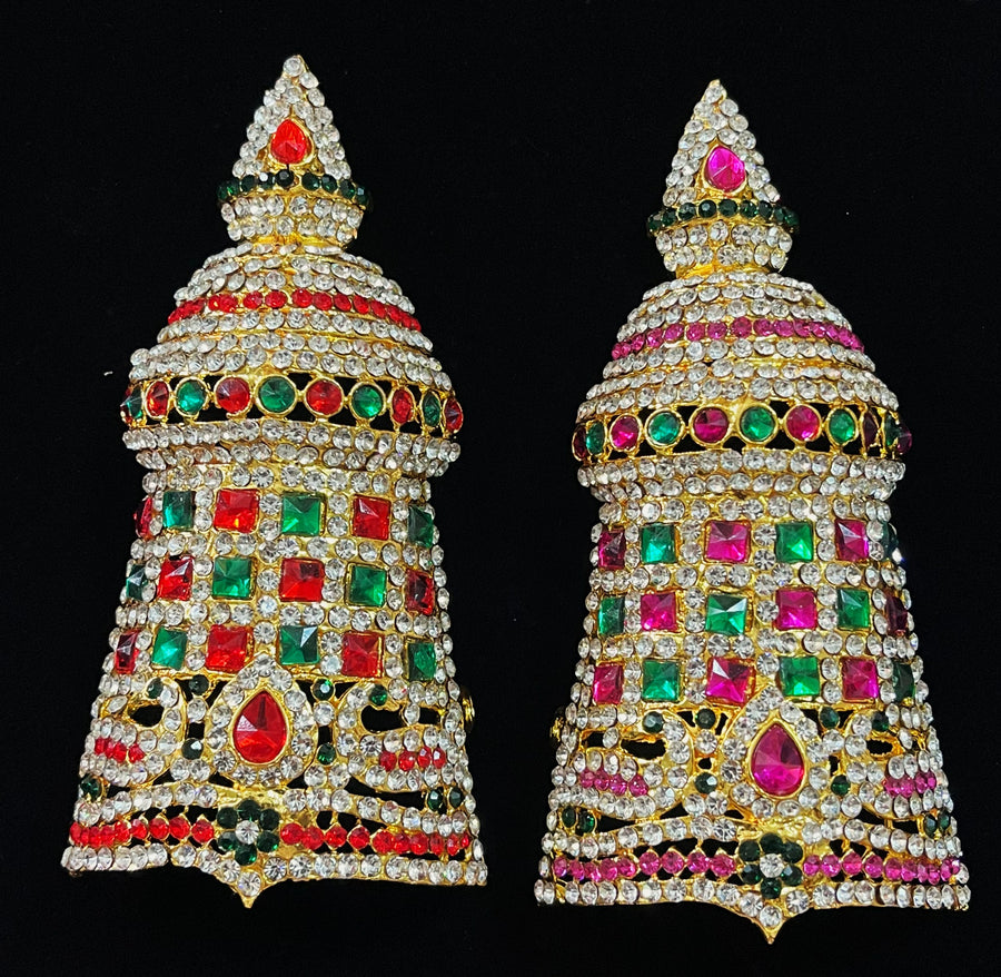 Traditional South Indian Stone-Studded Crown (Kireedam) - Pink, white & green stones on South Indian Stones metal alloy / Red, white & green stones on South Indian Stones metal alloy - Length: 5 inches, Width: 3 inches