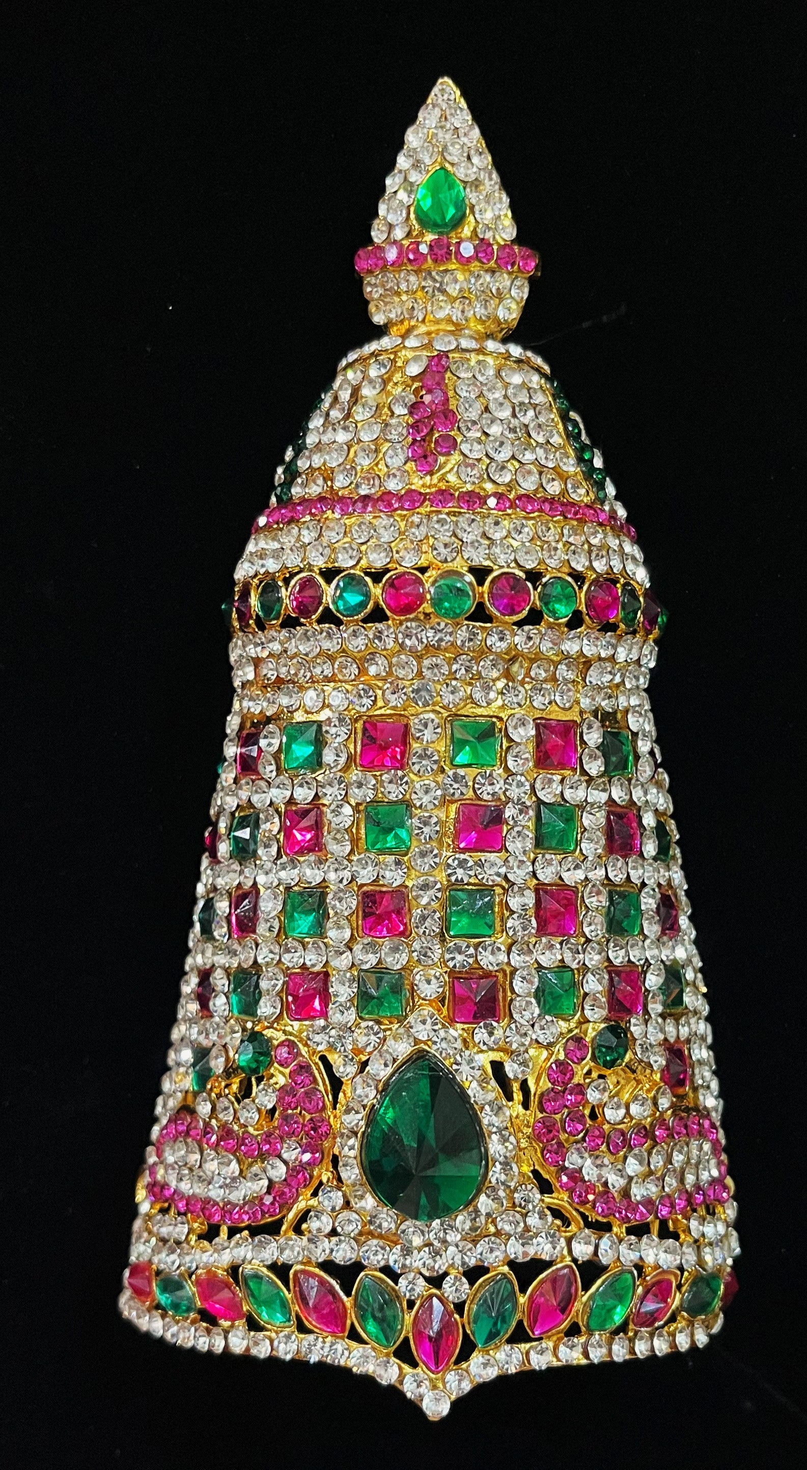 Traditional South Indian Stone-Studded Crown (Kireedam) - Pink, white & green stones on South Indian Stones metal alloy / Red, white & green stones on South Indian Stones metal alloy - Length: 6 inches, Width: 4.5 inches 2
