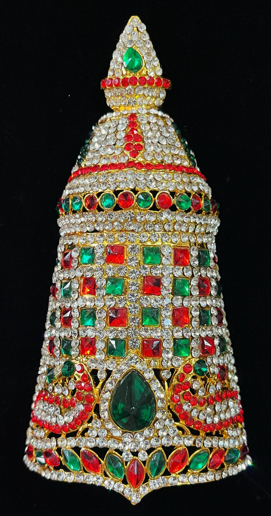 Traditional South Indian Stone-Studded Crown (Kireedam) - Pink, white & green stones on South Indian Stones metal alloy / Red, white & green stones on South Indian Stones metal alloy - Length: 6 inches, Width: 4.5 inches