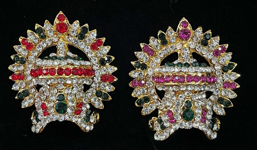Royal Crown with Prabhavali – Divine Arch Design - Pink, white & green stones on South Indian Stones metal alloy / Red, white & green stones on South Indian Stones metal alloy - Length: 1.5 inches, Width: 1 inch