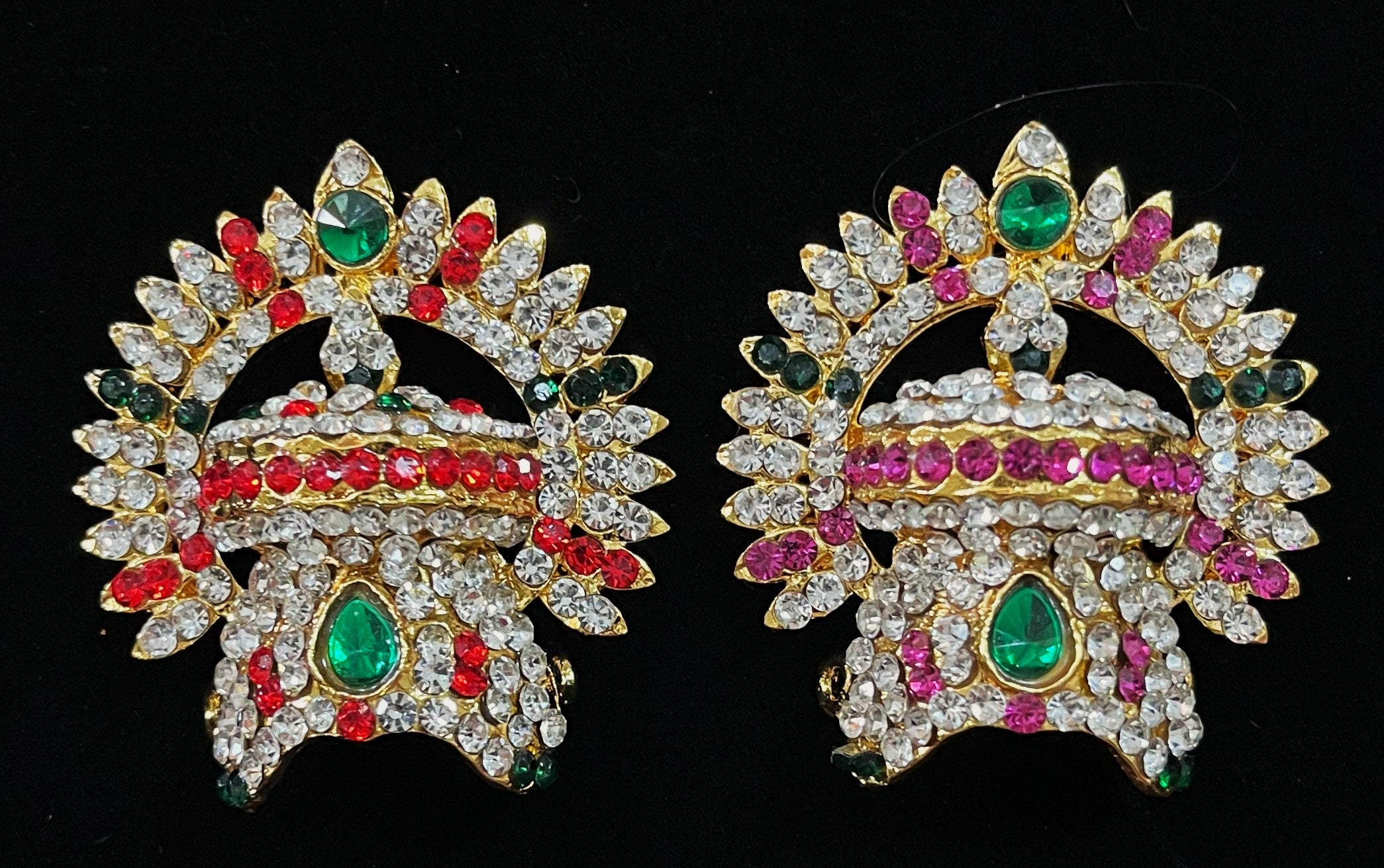 Royal Crown with Prabhavali – Divine Arch Design - Pink, white & green stones on South Indian Stones metal alloy / Red, white & green stones on South Indian Stones metal alloy - Length: 1.75 inches, Width: 1.25 inches 1