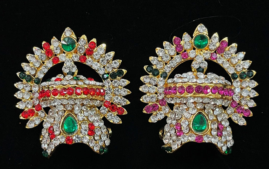 Royal Crown with Prabhavali – Divine Arch Design - Pink, white & green stones on South Indian Stones metal alloy / Red, white & green stones on South Indian Stones metal alloy - Length: 1.75 inches, Width: 1.25 inches