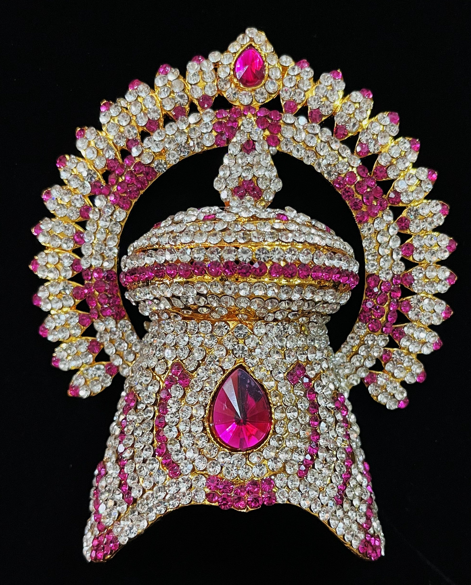 Royal Crown with Prabhavali – Divine Arch Design - Pink, white & green stones on South Indian Stones metal alloy / Red, white & green stones on South Indian Stones metal alloy - Length: 4 inches, Width: 3 inches 1