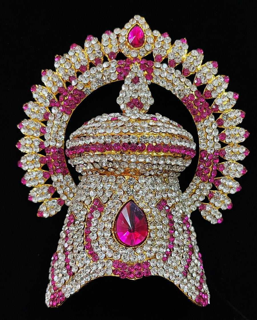 Royal Crown with Prabhavali – Divine Arch Design - Pink, white & green stones on South Indian Stones metal alloy / Red, white & green stones on South Indian Stones metal alloy - Length: 4 inches, Width: 3 inches