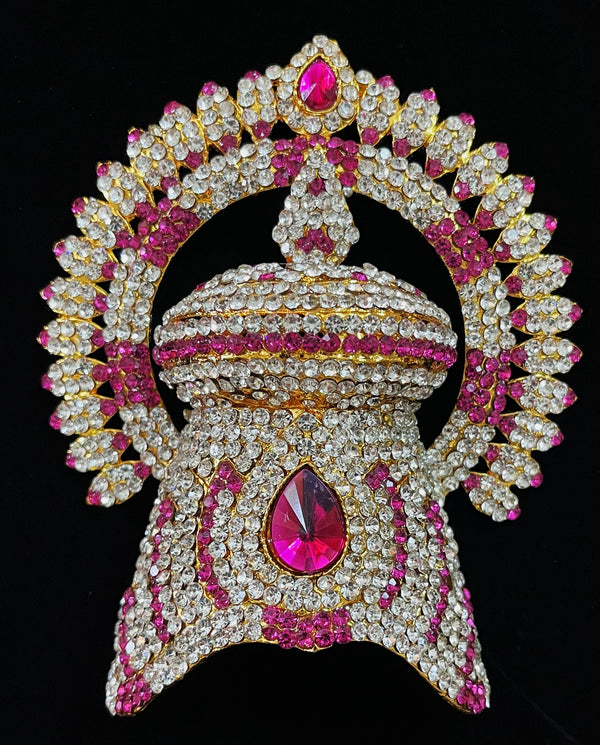 Royal Crown with Prabhavali – Divine Arch Design - Pink, white & green stones on South Indian Stones metal alloy / Red, white & green stones on South Indian Stones metal alloy - Length: 4 inches, Width: 3 inches