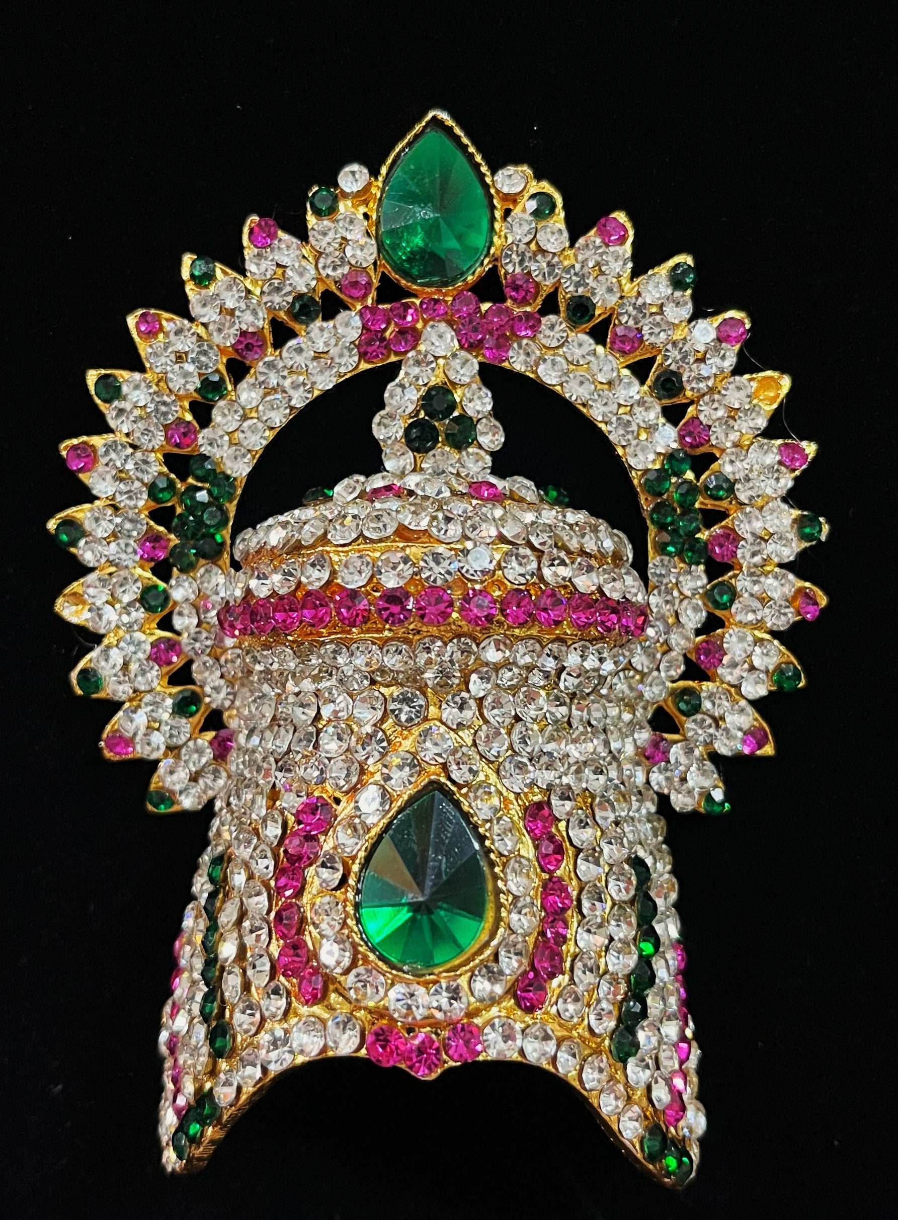 Royal Crown with Prabhavali – Divine Arch Design - Pink, white & green stones on South Indian Stones metal alloy / Red, white & green stones on South Indian Stones metal alloy - Length: 4 inches, Width: 3 inches 2