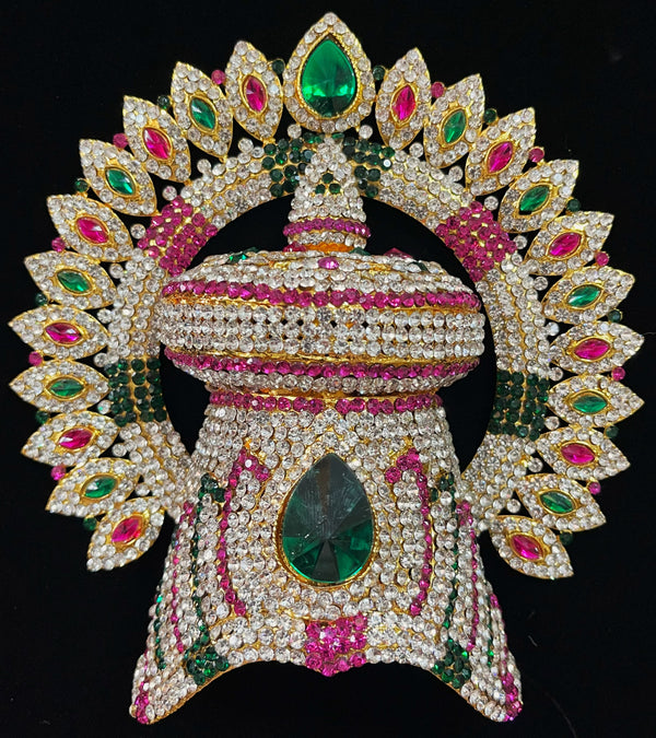 Royal Crown with Prabhavali – Divine Arch Design - Pink, white & green stones on South Indian Stones metal alloy / Red, white & green stones on South Indian Stones metal alloy - Length: 5.5 inches, Width: 4 inches