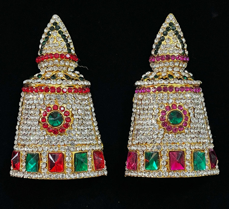 Traditional South Indian Stone-Studded Crown (Kireedam) - Pink, white & green stones on South Indian Stones metal alloy / Red, white & green stones on South Indian Stones metal alloy - Length: 3 inches, Width: 2.5 inches