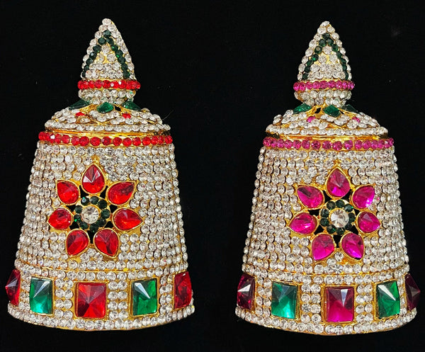 Traditional South Indian Stone-Studded Crown (Kireedam) - Pink, white & green stones on South Indian Stones metal alloy / Red, white & green stones on South Indian Stones metal alloy - Length: 4 inches, Width: 3.25 inches