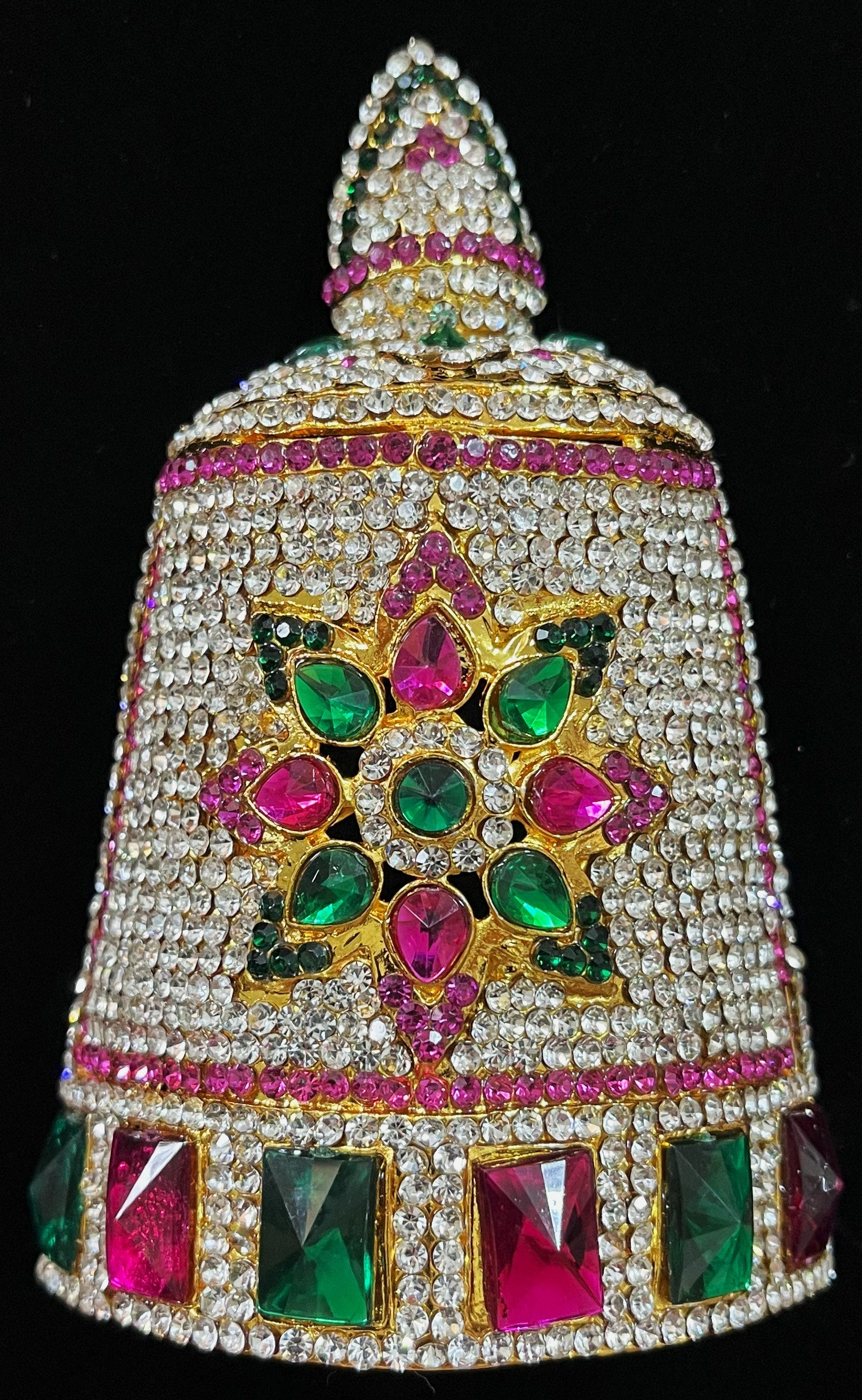 Traditional South Indian Stone-Studded Crown (Kireedam) - Pink, white & green stones on South Indian Stones metal alloy / Red, white & green stones on South Indian Stones metal alloy - Length: 5 inches, Width: 4.5 inches 2