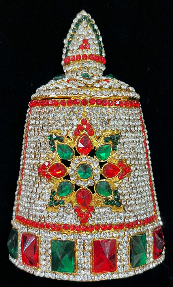 Traditional South Indian Stone-Studded Crown (Kireedam) - Pink, white & green stones on South Indian Stones metal alloy / Red, white & green stones on South Indian Stones metal alloy - Length: 5 inches, Width: 4.5 inches