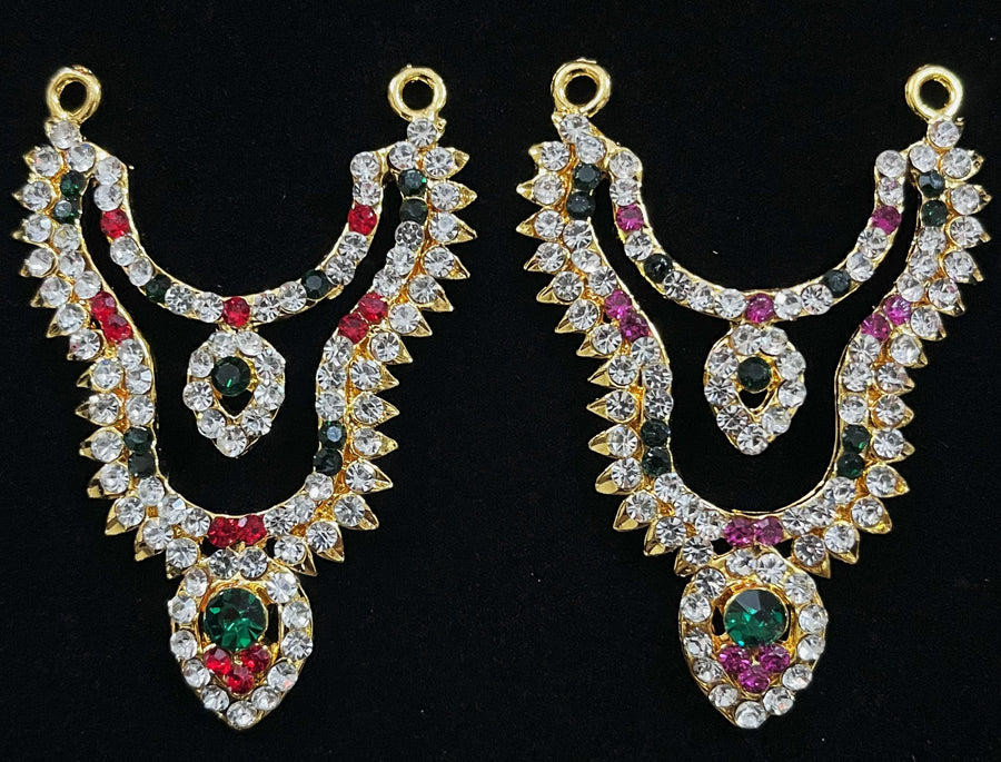 Multi-Layer Temple Haram – Royal Grand Alankaram - Pink, white & green stones / Red, white & green stones on South Indian Stones metal alloy - Length: 2.2 inches, Width: 1 inches