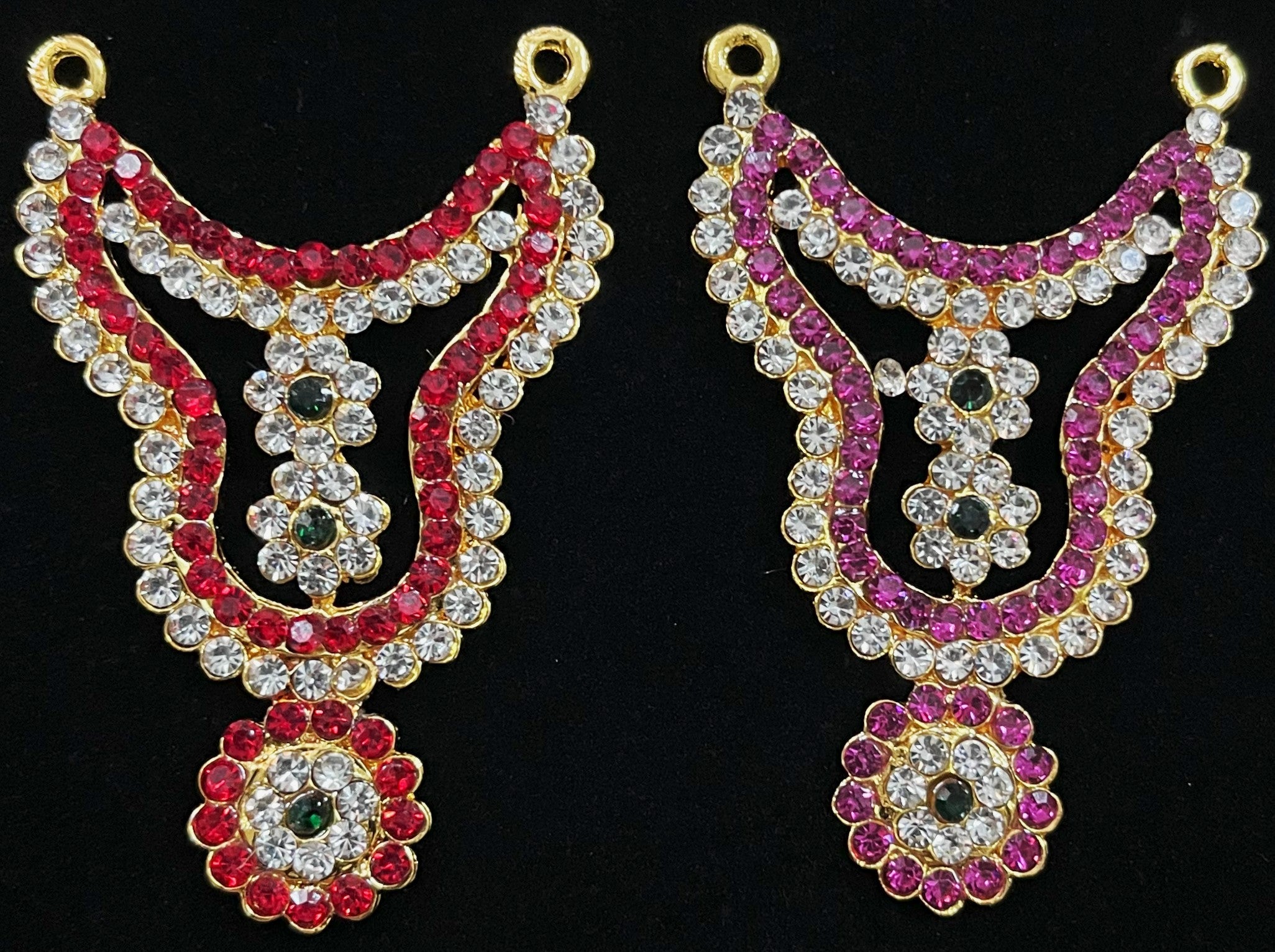 Multi-Layer Temple Haram – Royal Grand Alankaram - Pink, white & green stones / Red, white & green stones on South Indian Stones metal alloy - Length: 2.2 inches, Width: 1.2 inches 1