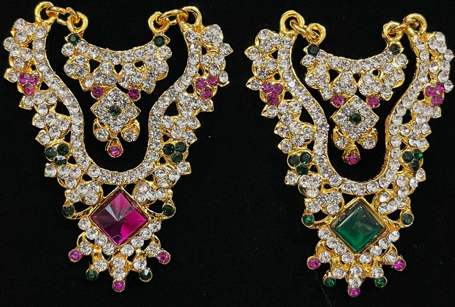 Multi-Layer Temple Haram – Royal Grand Alankaram - Pink, white & green stones / Red, white & green stones on South Indian Stones metal alloy - Length: 2.2 inches, Width: 1 inches