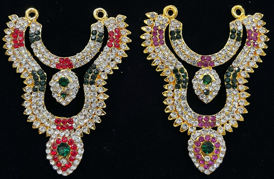 Multi-Layer Temple Haram – Royal Grand Alankaram - Pink, white & green stones / Red, white & green stones on South Indian Stones metal alloy - Length: 2.5 inches, Width: 1 inch