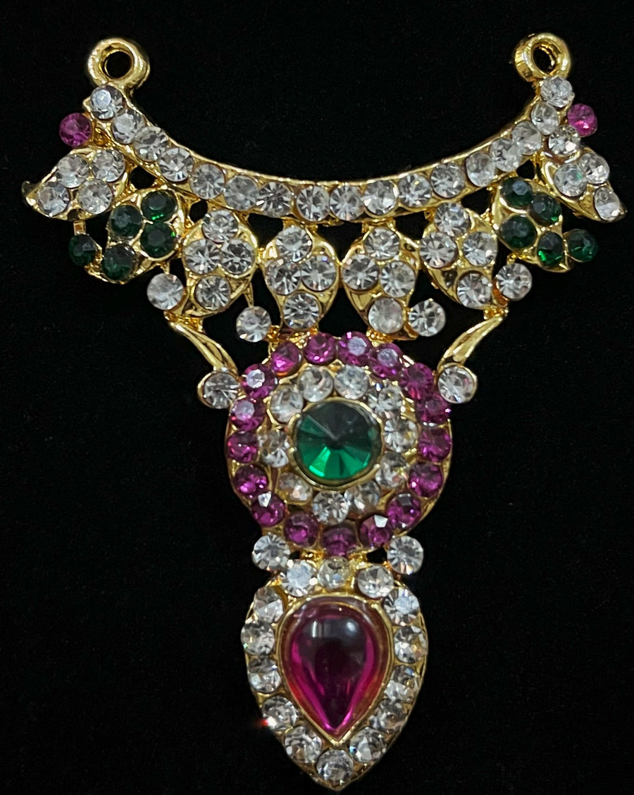 Short Necklace (Addigai) - Pink, white & green stones on South Indian Stones metal alloy - Length: 2.5 inches, Width: 1.5 inches