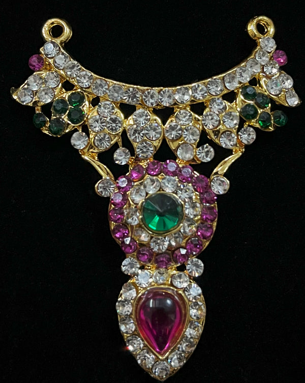 Short Necklace (Addigai) - Pink, white & green stones on South Indian Stones metal alloy - Length: 2.5 inches, Width: 1.5 inches