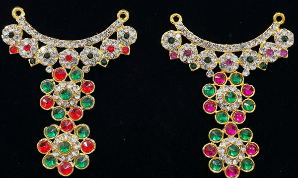 Short Necklace (Addigai) - Pink, white & green stones / Red, white & green stones on South Indian Stones metal alloy - Length: 2.5 inches, Width: 1.75 inches
