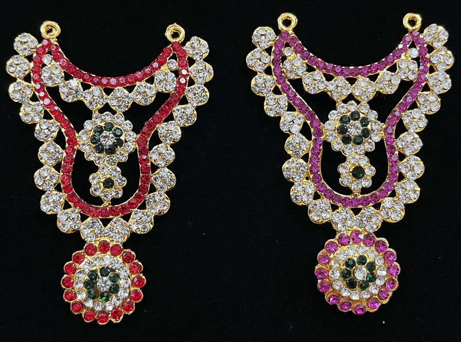 Multi-Layer Temple Haram – Royal Grand Alankaram - Pink, white & green stones / Red, white & green stones on South Indian Stones metal alloy - Length: 3 inches, Width: 1.2 inches