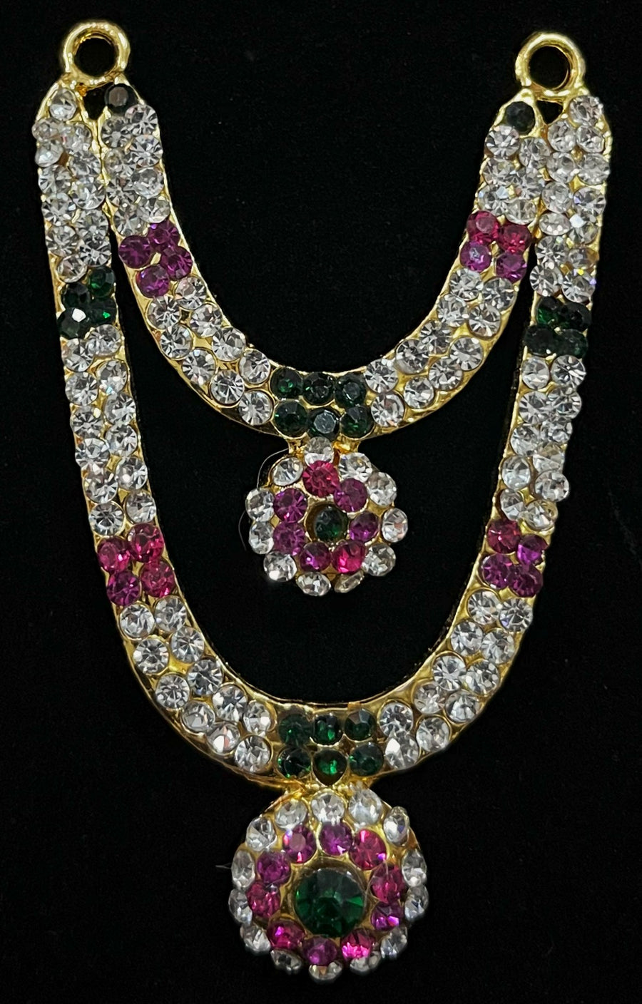 Multi-Layer Temple Haram – Royal Grand Alankaram - Pink, white & green stones on South Indian Stones metal alloy - Length: 3 inches, Width: 1.5 inches