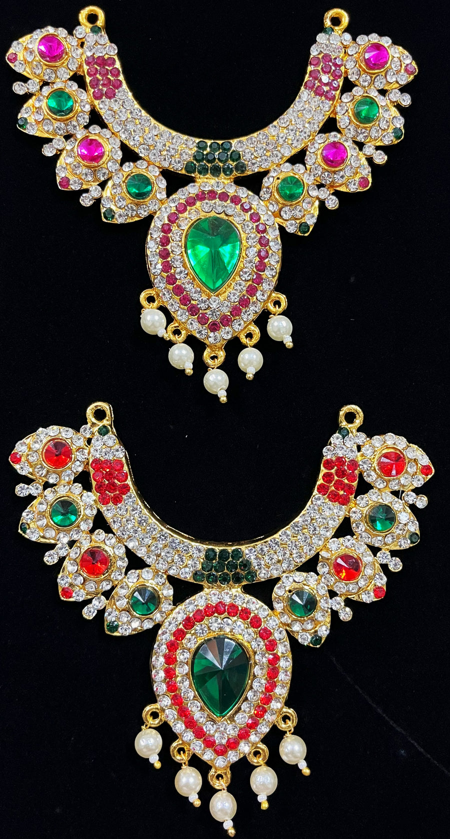 Short Necklace (Addigai) - Pink, white & green stones / Red, white & green stones on South Indian Stones metal alloy - Length: 4 inches, Width: 2.5 inches