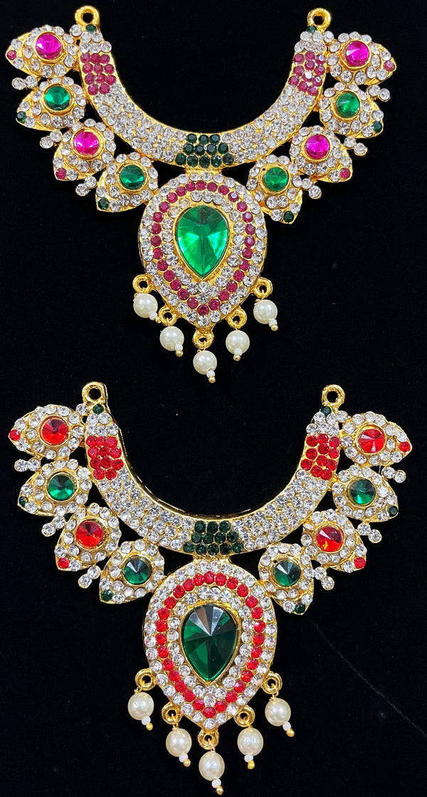 Short Necklace (Addigai) - Pink, white & green stones / Red, white & green stones on South Indian Stones metal alloy - Length: 4 inches, Width: 2.5 inches