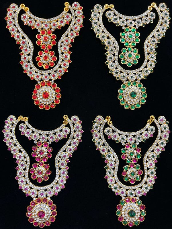 Multi-Layer Temple Haram – Royal Grand Alankaram - Pink, white & green stones / Red & White stones/ Green & White stones / Pink and White stones on South Indian Stones metal alloy - Length: 4.5 inches, Width: 1.5 inches
