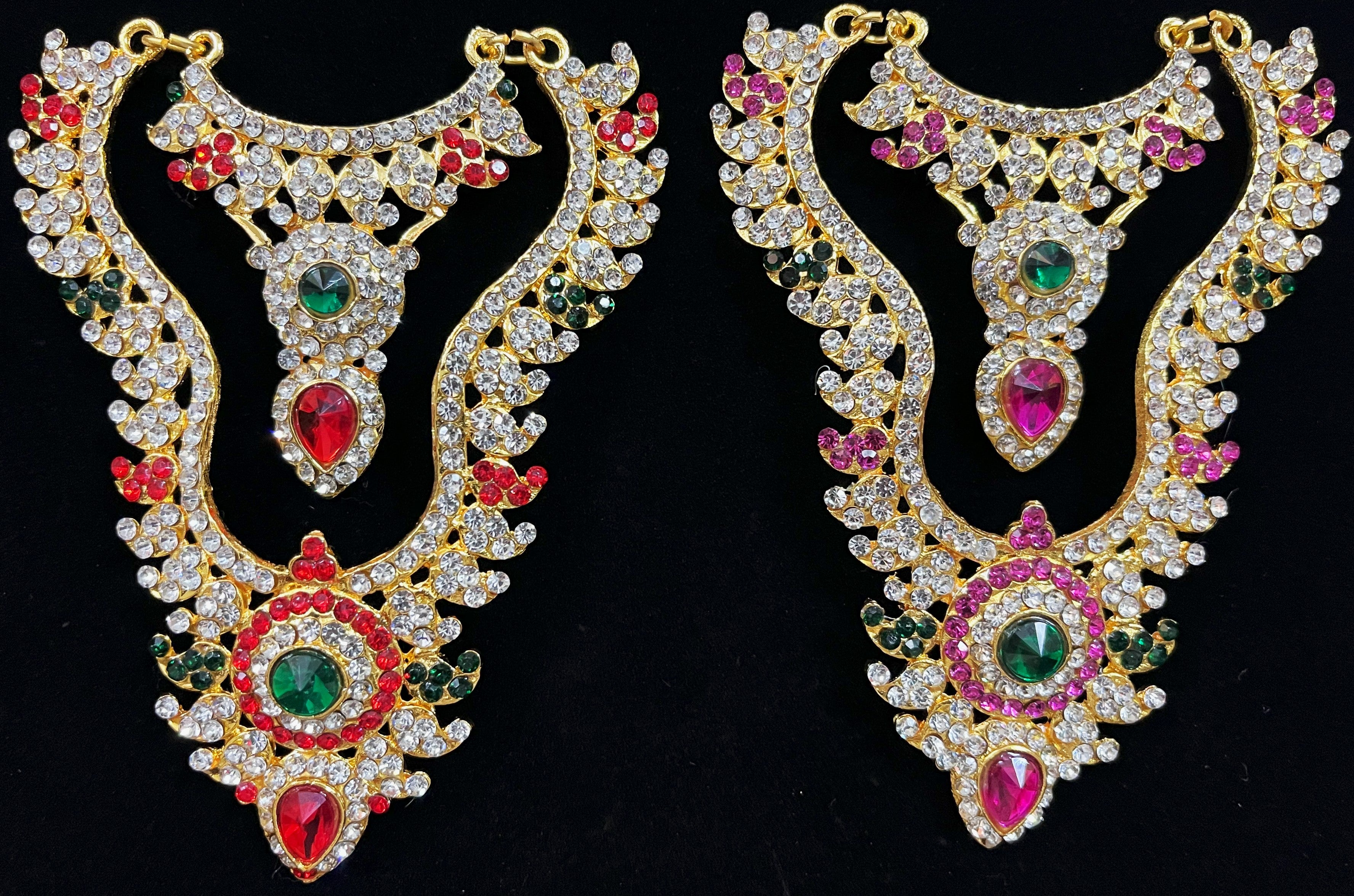 Multi-Layer Temple Haram – Royal Grand Alankaram - Pink, white & green stones / Red, white & green stones on South Indian Stones metal alloy - Length: 4.5 inches, Width: 1.5 inches 1