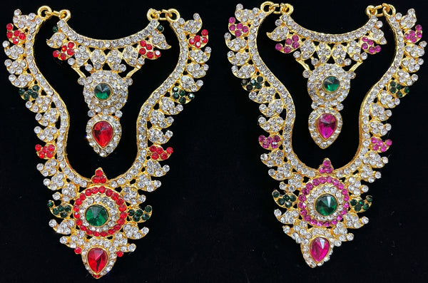 Multi-Layer Temple Haram – Royal Grand Alankaram - Pink, white & green stones / Red, white & green stones on South Indian Stones metal alloy - Length: 4.5 inches, Width: 1.5 inches