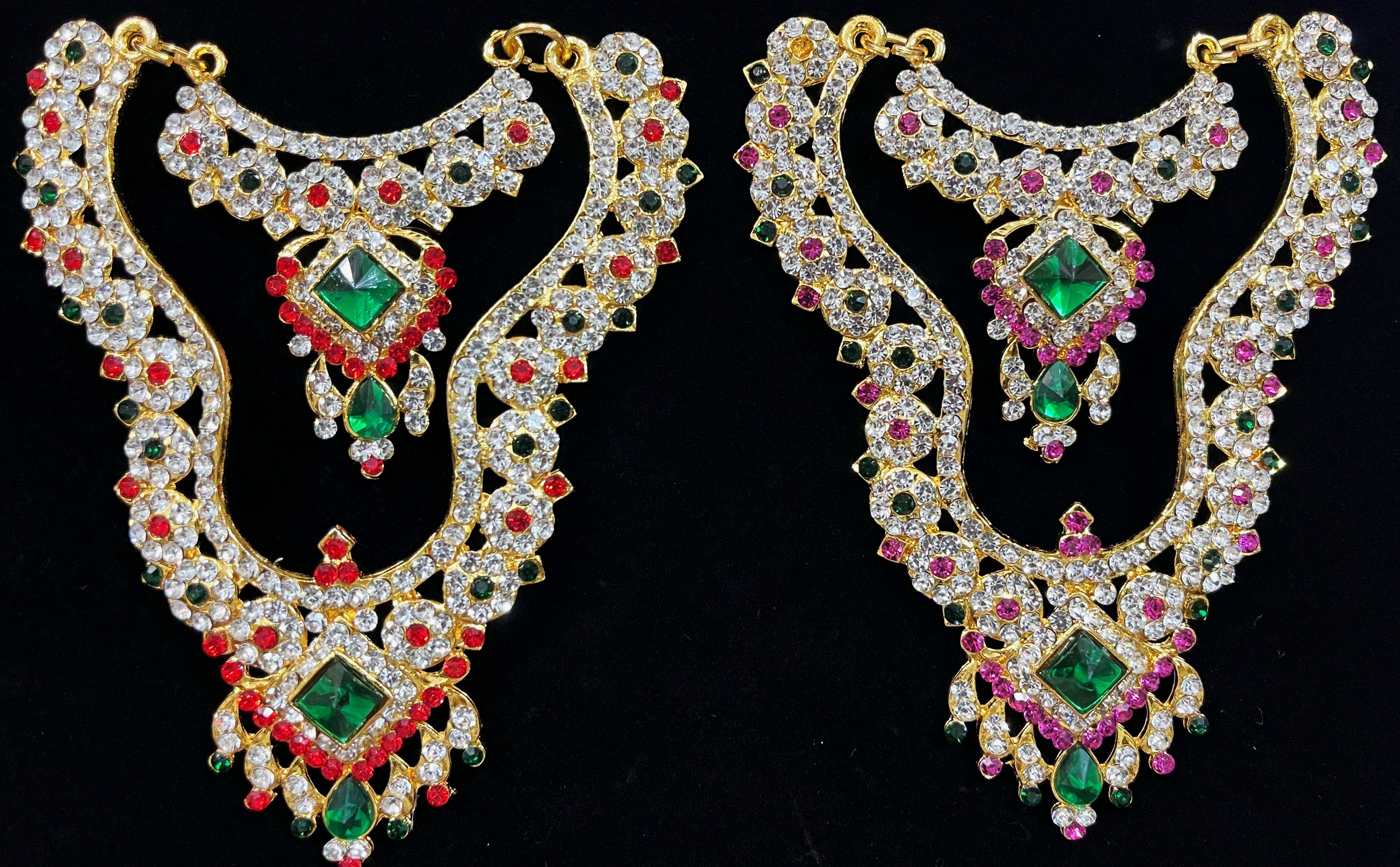 Multi-Layer Temple Haram – Royal Grand Alankaram - Pink, white & green stones / Red, white & green stones on South Indian Stones metal alloy - Length: 4.5 inches, Width: 2 inches 1
