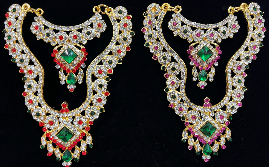 Multi-Layer Temple Haram – Royal Grand Alankaram - Pink, white & green stones / Red, white & green stones on South Indian Stones metal alloy - Length: 4.5 inches, Width: 2 inches