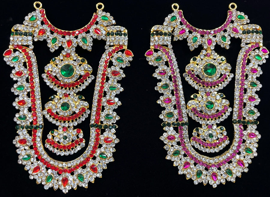 Grand Kavacham Necklace – Full Chest Armour Design - Pink, white & green stones / Red, white & green stones on South Indian Stones metal alloy - Length: 4.5 inches, Width: 1.5 inches