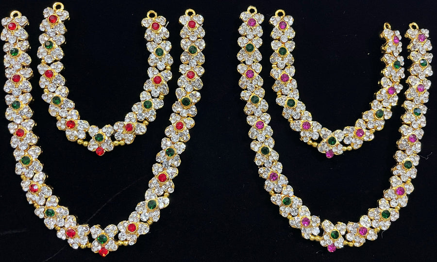 Multi-Layer Temple Haram – Royal Grand Alankaram - Pink, white & green stones / Red, white & green stones on South Indian Stones metal alloy - Length of big necklace: 5 inches, Length of small necklace: 3 inches