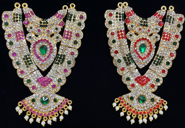 Grand Kavacham Necklace – Full Chest Armour Design - Pink, white & green stones / Red, white & green stones on South Indian Stones metal alloy - Length: 5 inches, Width: 2.5 inches