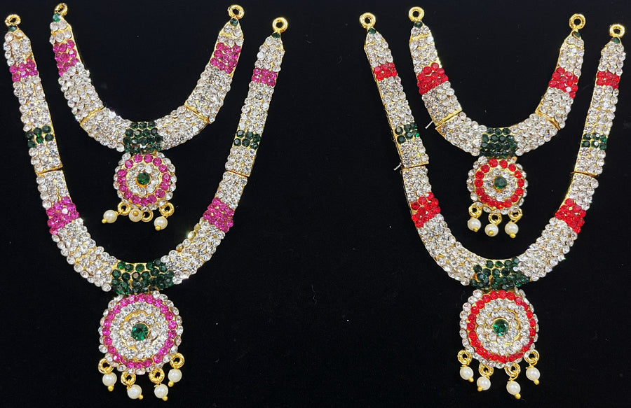 Multi-Layer Temple Haram – Royal Grand Alankaram - Pink, white & green stones / Red, white & green stones on South Indian Stones metal alloy - Length: 5 inches, Width: 3 inches