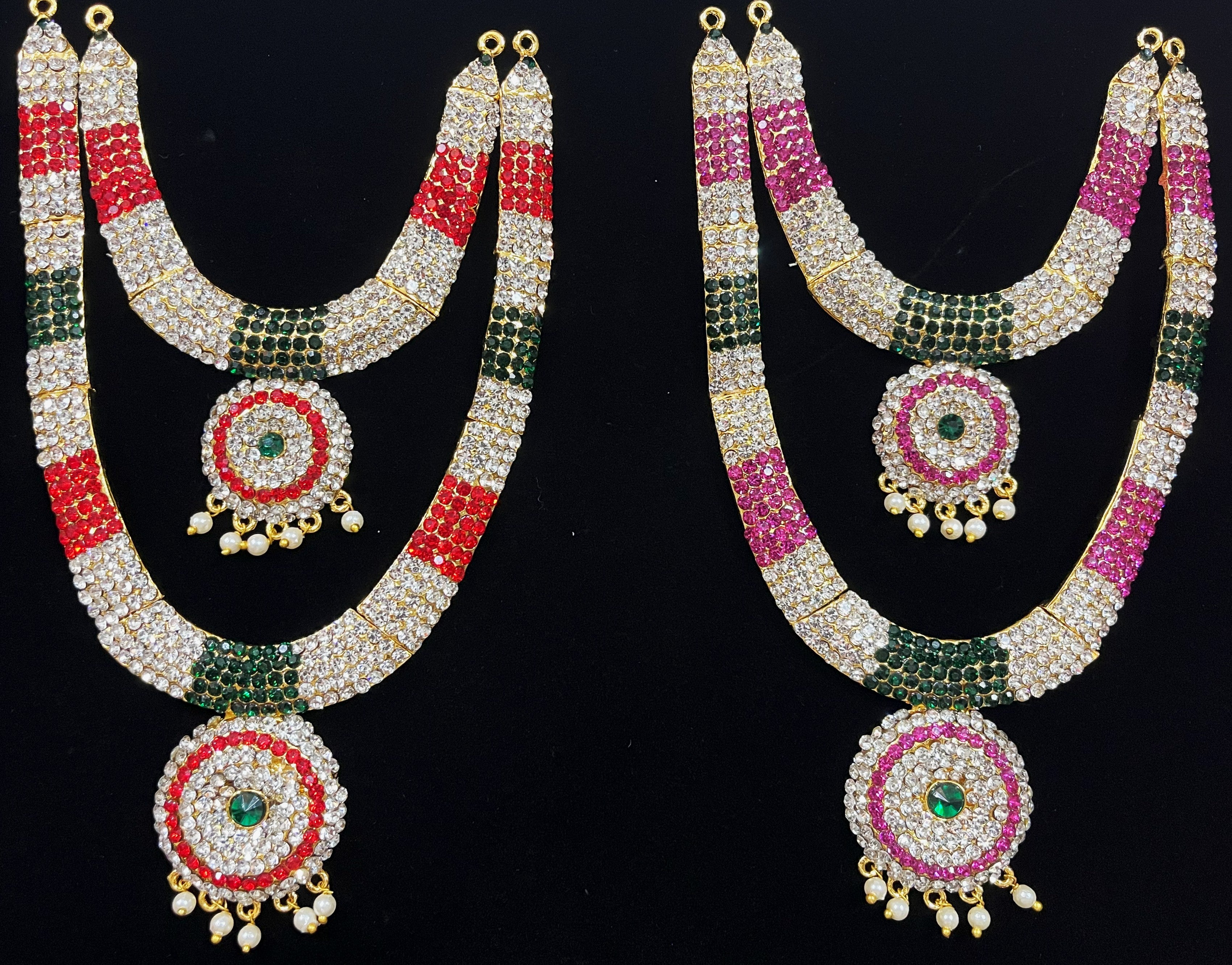 Multi-Layer Temple Haram – Royal Grand Alankaram - Pink, white & green stones / Red, white & green stones on South Indian Stones metal alloy - Length: 7 inches, Width: 3.5 inches 1
