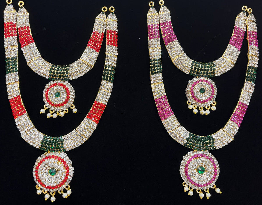 Multi-Layer Temple Haram – Royal Grand Alankaram - Pink, white & green stones / Red, white & green stones on South Indian Stones metal alloy - Length: 7 inches, Width: 3.5 inches