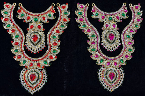 Multi-Layer Temple Haram – Royal Grand Alankaram - Pink, white & green stones / Red, white & green stones on South Indian Stones metal alloy - Length: 7.5 inches, Width: 3.5 inches